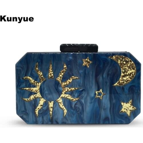New Fashion Blue STAR MOON SUN Pattern Evening Bags Woman Wedding Clutch Purse Trendy Party Prom Wallet Cute Chains Box Handbags