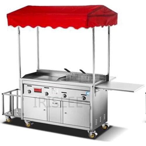 Upgrade Commercial gas snack car Stainless steel snack cart frying pan Multi-function teppanyaki+Oden+fried food equipment 1pc