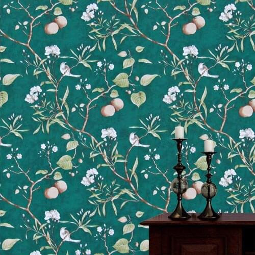 Home Peel and Stick Wallpaper Green Wallpaper Modern Flower & Bird Peach Tree Waterproof Removable Self Adhesive Wallpaper