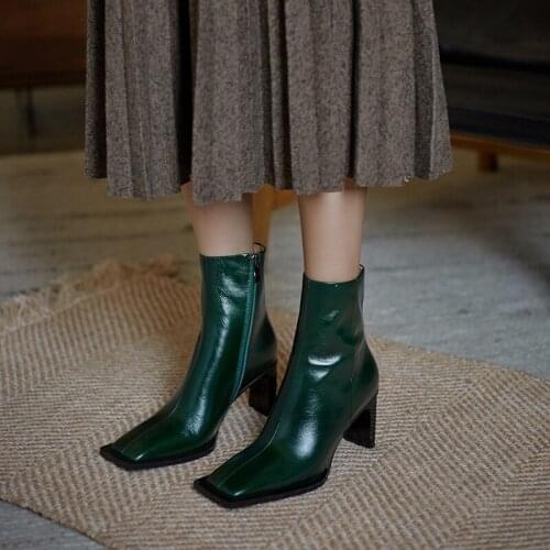 Perixir Women Ankle Boots Genuine Leather Shoes for Women Square toe High Heels Autumn Winter Boots Black Green Ladies Shoes