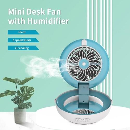 Portable Mini Fan with Compact Mirror 2 Mode Mist Mini Humidifier USB Rechargeable Folding Air Cooling Fan 3 Speed Desk Fan