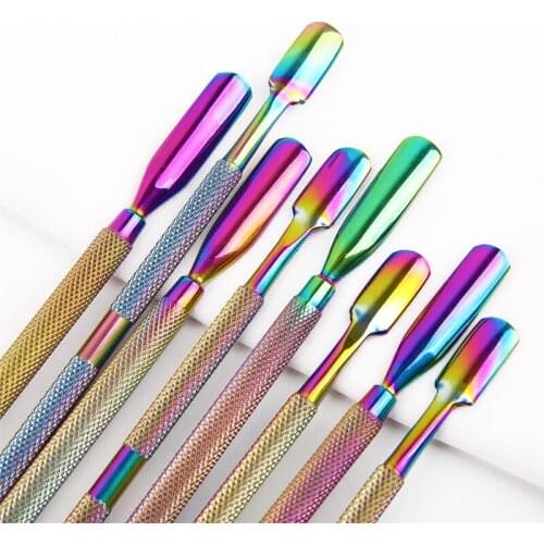 Rainbow stainless steel double nail cuticle thruster tweezers nail file UV gel polish removal manicure care cleaning tool