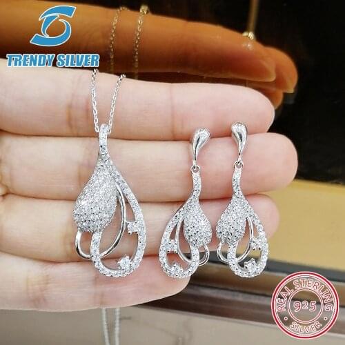 Complete pure 925 sterling silver zirconia clear CZ luxury jewelry set ring earrings for woman pendant necklace trendy design