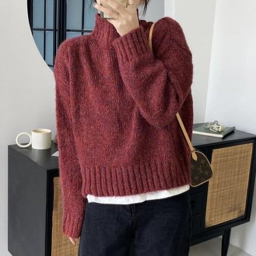 Retro Soft Half High Neck Long Sleeve Pullover Sweater Women Autumn/Winter Loose Lazy Sweaters SA355