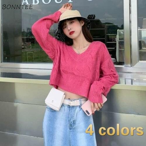 Sweaters Women Pullovers Popular Vintage Female Clothes V-Neck College Knitted Teenagers Solid Tender Fall Aesthetic Tender Crop