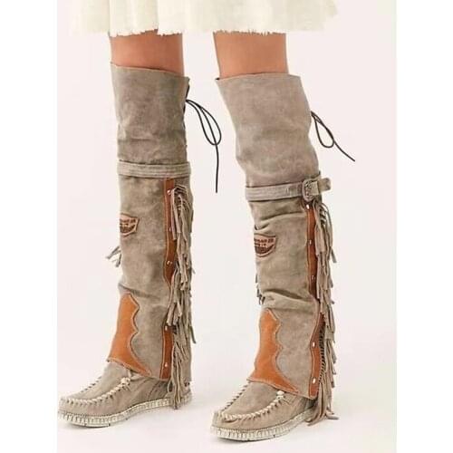 Suede Over The Knee Flat Boots Winter Sewing Thread Tassel Runway Shoes Round Toe Lace Up Belted Boots Warm Genuine Leather