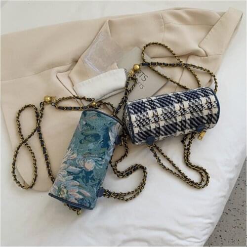 Ladies Fashion Design Printed Plaid Canvas Shoulder Handbag Metal Jewelry Chain Crossbody Bucket Bag Mobile Phone Coin Purse
