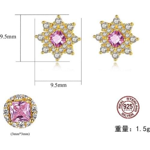 HOT Sell S925 Sterling Silver Womens pink sunlight Crystal zircon ruby sapphire stud Earrings
