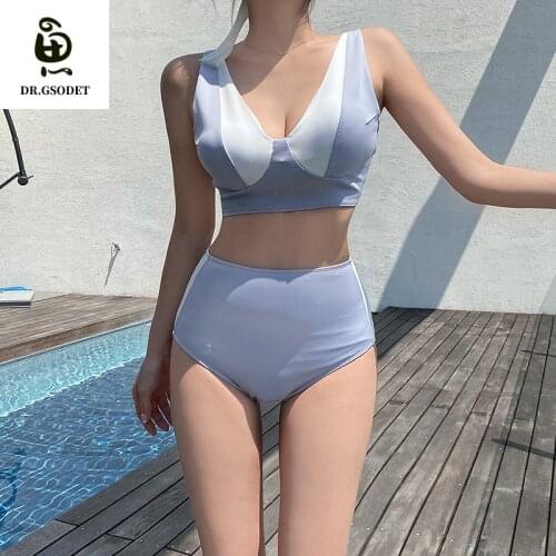 GSODET Push-Up Bikini Set 2021 New Korean Women Sexy High Waist Triangle Swimsuit Retro Simple Swimwear Bathing Suit Beachwear