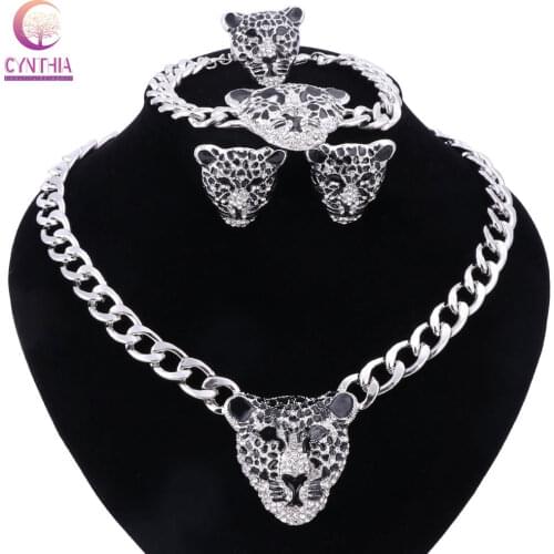 Women Gold color silver plated boho jewelry sets with earrings Leopard head crystal statement necklace for party necklace