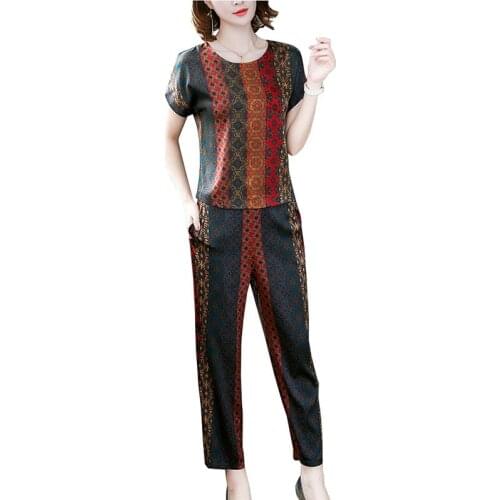 Fashion plus size printed silk two-piece sets women summer short sleeve pullover tops elastic waist pants suit casual sets 3255