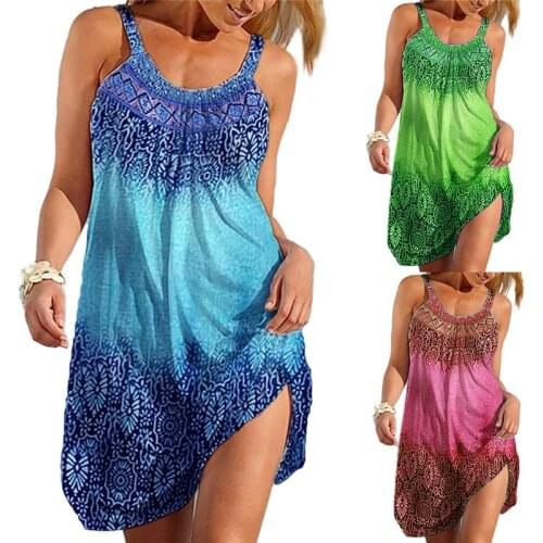Sexy Off Shoulder Sleeveless Beach Dress 2021 Summer Dress Women Sundress Bohemian Print Casual A-line Dress Plus Size Vestidos