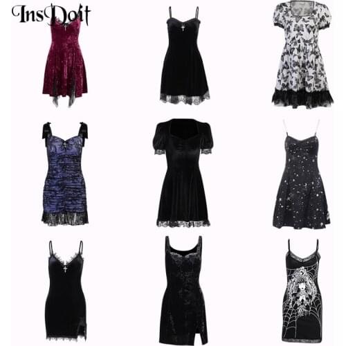 InsDoit Mall Gothic Velvet Summer Dress Women Vintage Punk Grunge Lace Sexy Dress Harajuku Print Streetwear Y2K Aesthetic Dress