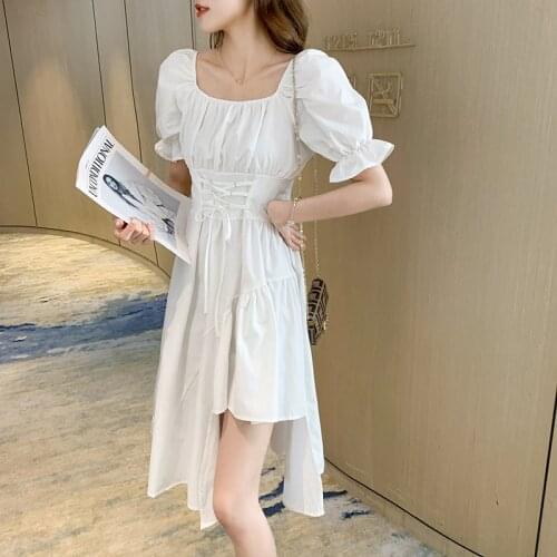 Summer Irregular Tie Waist Dress Women Puff Sleeve Square Collar Bandage Midi Dresses