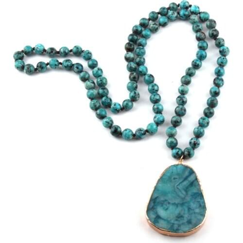 New Fashion Bohemian Jewelry Natural Stone Blue Dot Knotted Big Stone heart Pendant Women Necklace