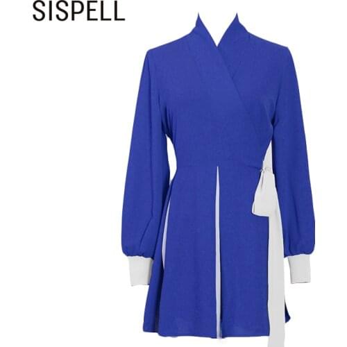 SISPELL Lace Up Bowknot Dresses For Female Lapel Collar Long Sleeve High Waist Slimming Ruched Womens Dress Fashion 2021