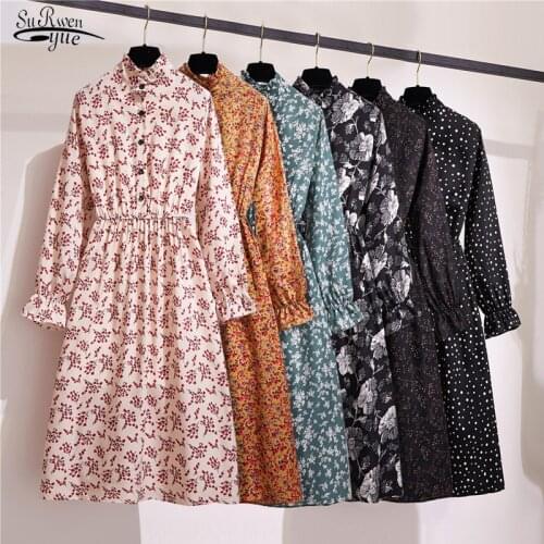 Vestidos Autumn Maxi Dress Women 2021 Elastic Waist Long Sleeve Women Dresses Floral Vintage Knee-length Ladies Dress 8823