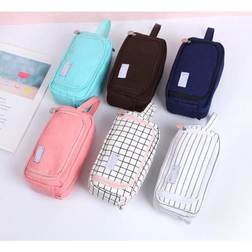 2-Layer Zipper Multifunctional Lipstick Carrier Eyebrow Pencil Holder Eyelash Brush Canvas Cosmetic Bag Pouch Make-Up Organizer