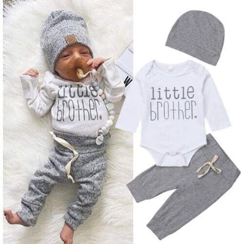 Pudcoco Fast Shipping 0-18M 3pcs Cotton Newborn Baby Boy Girl Set Print Letter Long Sleeve Jumpsuit Romper Long Pants Outfit Set