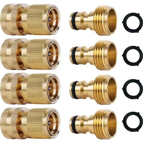 4 Set Garden Hose Quick Connectors Brass 3/4 Inch GHT Thread Easy Connect Fittings Water Hose Male Female