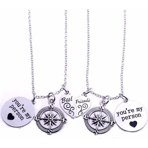 Bespmosp 12Set/Lot Wholesale Love Heart Best Friend Pendant Necklace Charm Chain You're My Person Compass Friendship Jewelry BFF