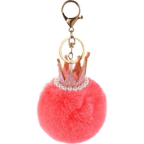 26 Colors Fluffy Fur Pom Pom Keychain Soft Faux Fur-like Ball With Pearl Crown Key Chain Key Holder Women Bag Pendant Jewelry