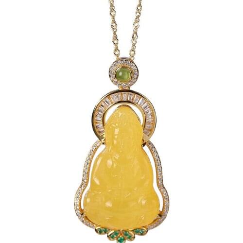 S925 sterling silver gold plated Natural Amber Beeswax Pendant Retro Guanyin Ladies Buddha Chain set Necklace Pendant