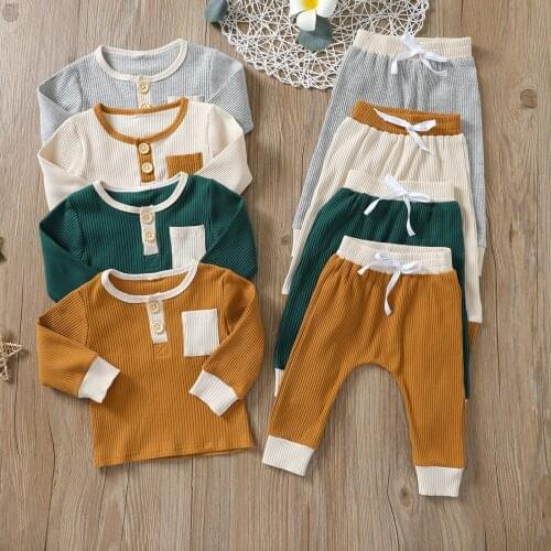 6M-4Y Children Pajama Clothes Set Patchwork Long Sleeve Pullover + Elastic Waist Long Pants Spring Autumn Outfits for Girls Boys