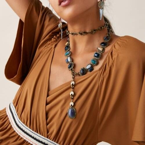2021 ZA Necklace Women Boho Ethnic Vintage Long Necklace Jewelry Indian Statement Maxi Necklace Faux Stone Sweater Chain Pendant