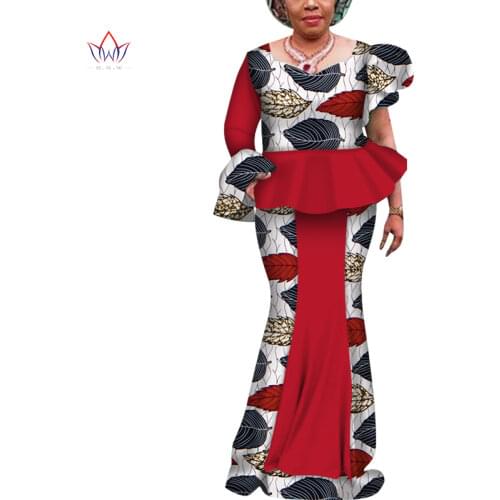 Elegant African Long Sleeve Print Tops and Skirt Sets for Women Bazin Riche Patchwork African Clothing 2 Pieces Skirt Set Wy6997