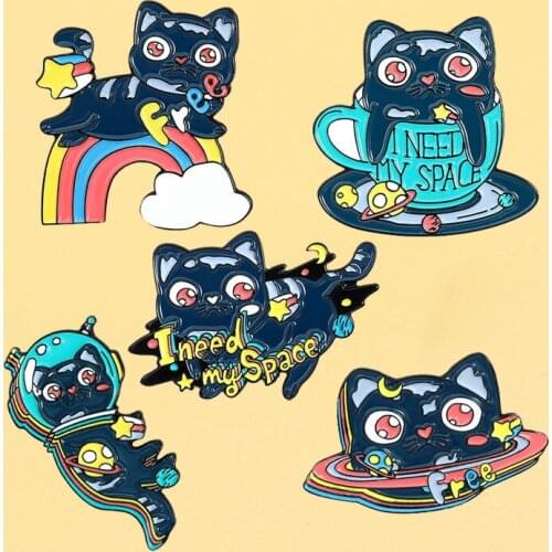 Cute Cat Rainbow Enamel Pins Funny Space Cat Metal Cartoon Brooch Men Women Fashion Jewelry Gifts Backpack Collar Lapel Badges
