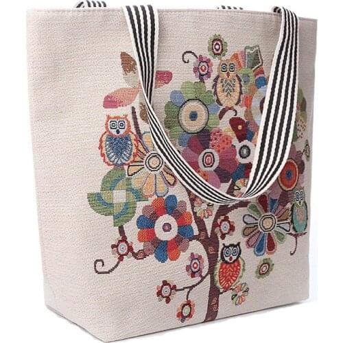 Retro Ethnic Style Canvas Shoulder Bag Womens Owl Shoulder Bag Shopping Bag Large Capacity Travel All-match Canvas Bag Handbag