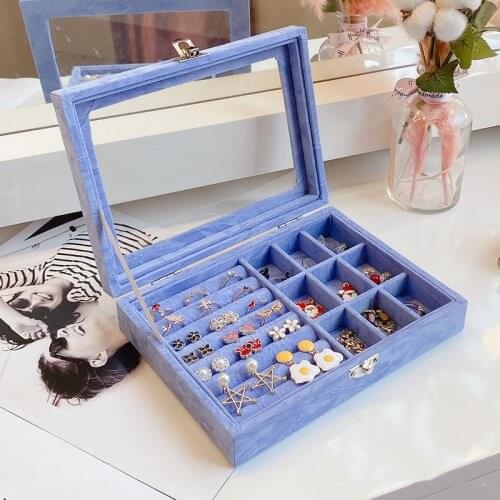 HOSENG Sky Blue Jewelry Organizer Luxury Box Velvet Ring Earring Necklace Display Showcase With Lid Wedding Gift HS_485
