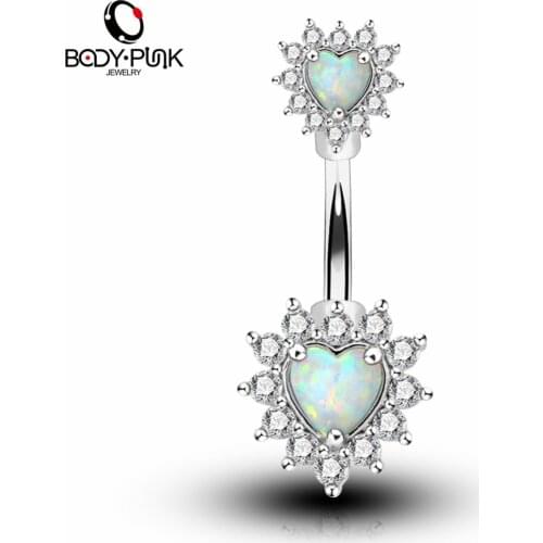 BODY PUNK Clear CZ White Blue Synthetic Opal Heart Shape Navel Rings 14G Surgical Steel Belly Button Rings