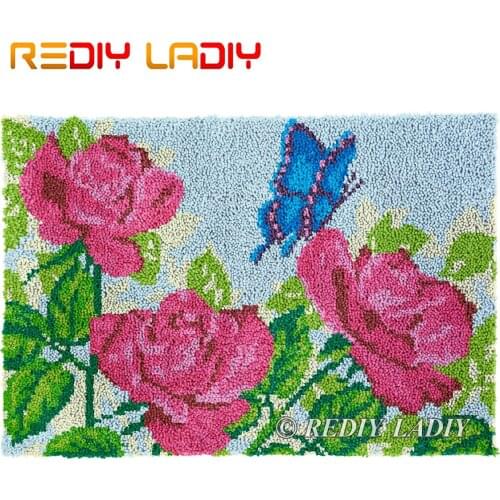 Latch Hook Rug Rose Butterfly Plush Tapestry Kit Crochet Cushion Mat DIY Carpet Rug Home Decor Chunky Yarn Arts & Crafts 87*58cm