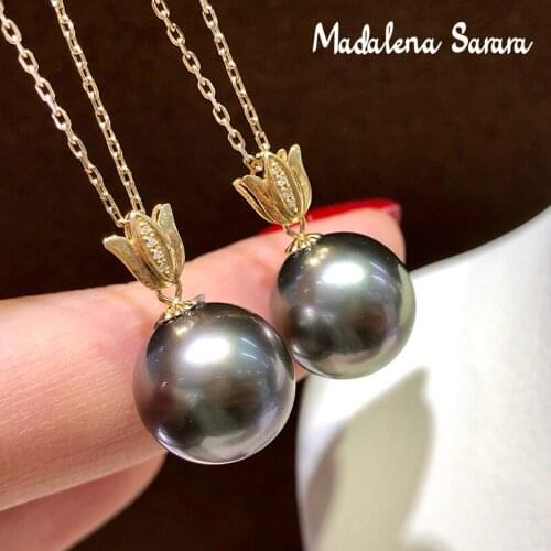 MADALENA SARARA 10-11mm Natural Black Tahiti Pearl 18K Pendant Women Necklace Au750 Flowers Diamond Inlaid