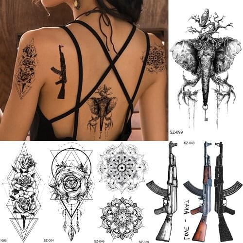 Rejaski Small Geometric Women Tattoo Sticker Black Eye Rose Flower Totem Temporary Tattoo Men AK47 Gun M416 Fake Tatoo Body Arm