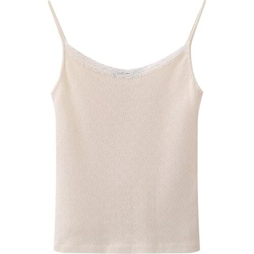 PUWD Slim Girls Sweet Hollow Out Beige Tank Tops 2021 Summer Fashion Ladies Cute Lace Bomb Cotton Top Vintage Women Chic