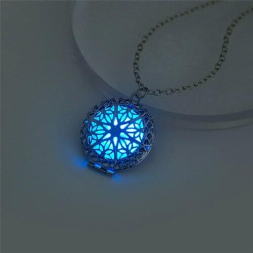 Fashion New Hollow Round Blue Openable Photo Box Luminous Men Women Pendant Necklace Accessories Charm Jewelry Gift