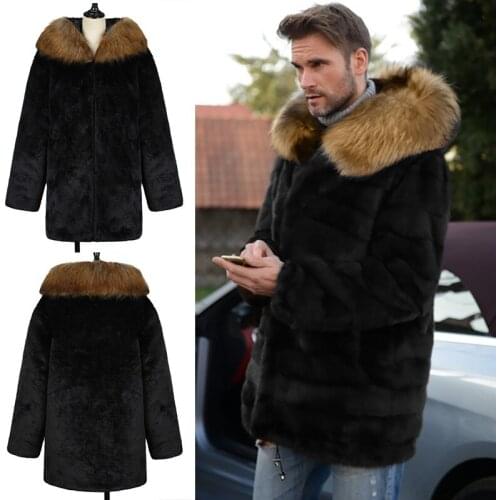 MenS Thick Faux Fur Coat Fashion Brown Fur Collar Hooded Jacket Male Autumn Winter Warm Tough Guy Artificial Fluffy Coats