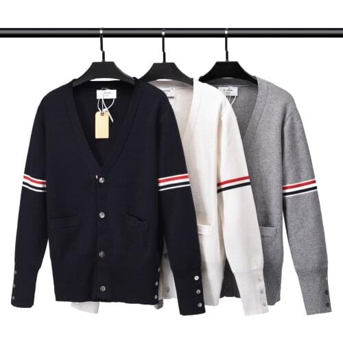 TB Men Cardigan Wool Sweater Striped Knitted Outerwear Men V-Neck Jacket Long Sleeve High Quality Korean Design