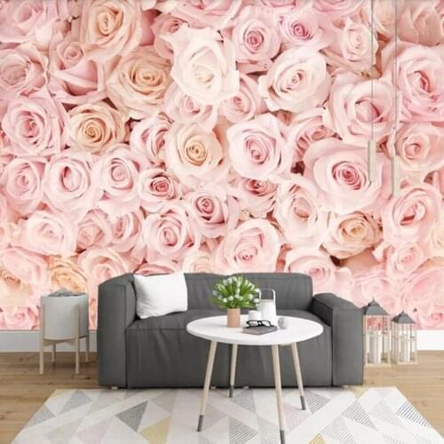 Custom 3D Mural Painting Pink Rose Flower Modern Interior Bedroom Living Room Non Woven Embossed Self Adhesive Wallpaper Decor
