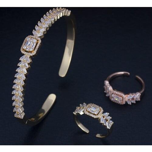 Bride Talk Luxury Brand 2PCS Jewelry Set Micro Paved Baguette Full Cubic Zircon Adjustable Bangle Ring Sets Wedding Accessory