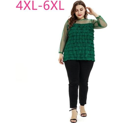 New 2021 ladies spring autumn plus size tops for women large blouse casual loose long sleeve green gray ruffle shirt 4XL 5XL 6XL
