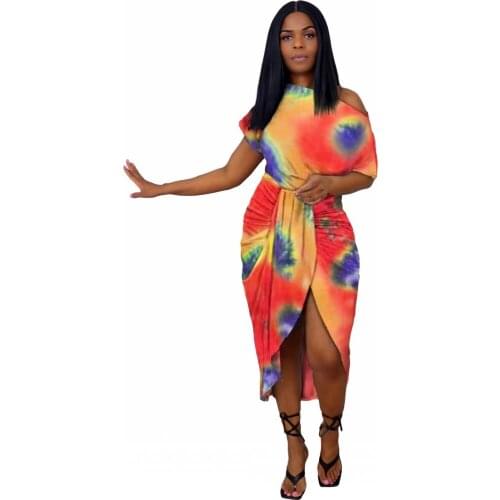 Irregular Dress African Dress Women Fashion Tie-Dye Sexy Diagonal Shoulder Wrinkle MIDI Skirt Summer New High Quality Vestidos