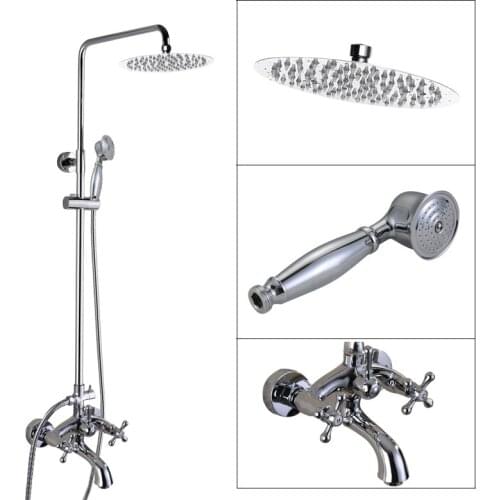 Polished Chrome Brass Dual Cross Handles Wall Mounted Bathroom 8" Round Rain Shower Head Faucet Set Bath Tub Mixer Taps mcy356