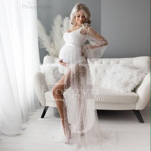 Sheer Loose Pearl Robes Long Sleeve Custom Made Soft Tulle Maternity Dresses for Photoshoot or Baby Shower Pregnant Dress 2021