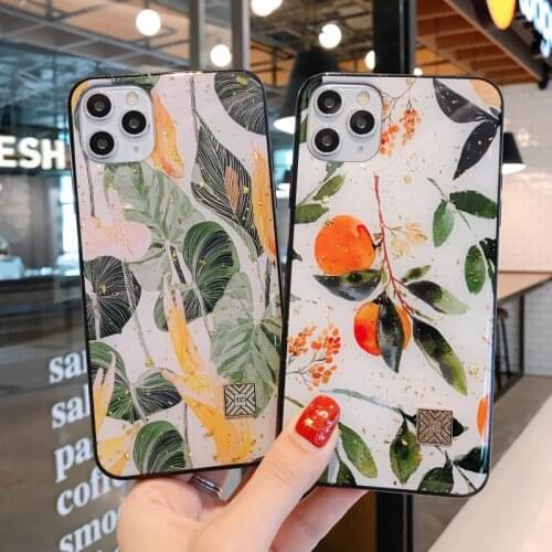 Luxury Glitter Orange leaves Gold Foil phone Case For iphone 11 12 Pro XS MAX X XR Bling silicone cover For SE 2020 6S 7 8 plus