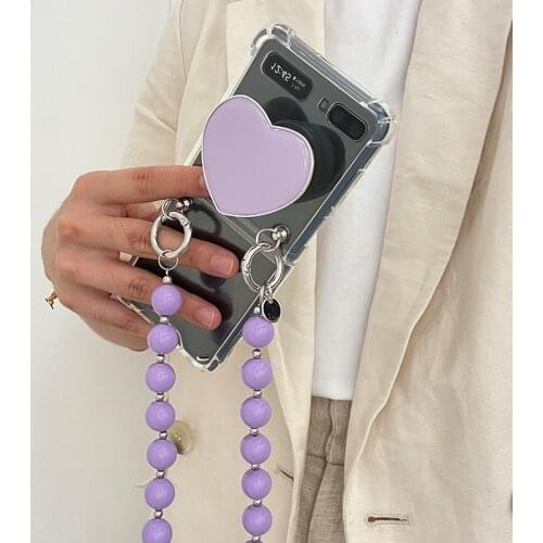 Cute Purple Heart Socket Stand Pearl Chain Bracelet Anti-Shock Clear Cases for Samsung Galaxy Z Flip 3 Flip3 5G Protective