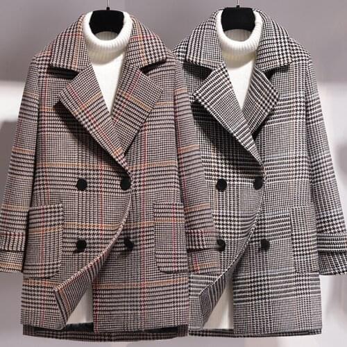 High end Fashion womens retro plaid woolen coat female popular autumn and winter Straight Double-breasted Wool & Blends coat